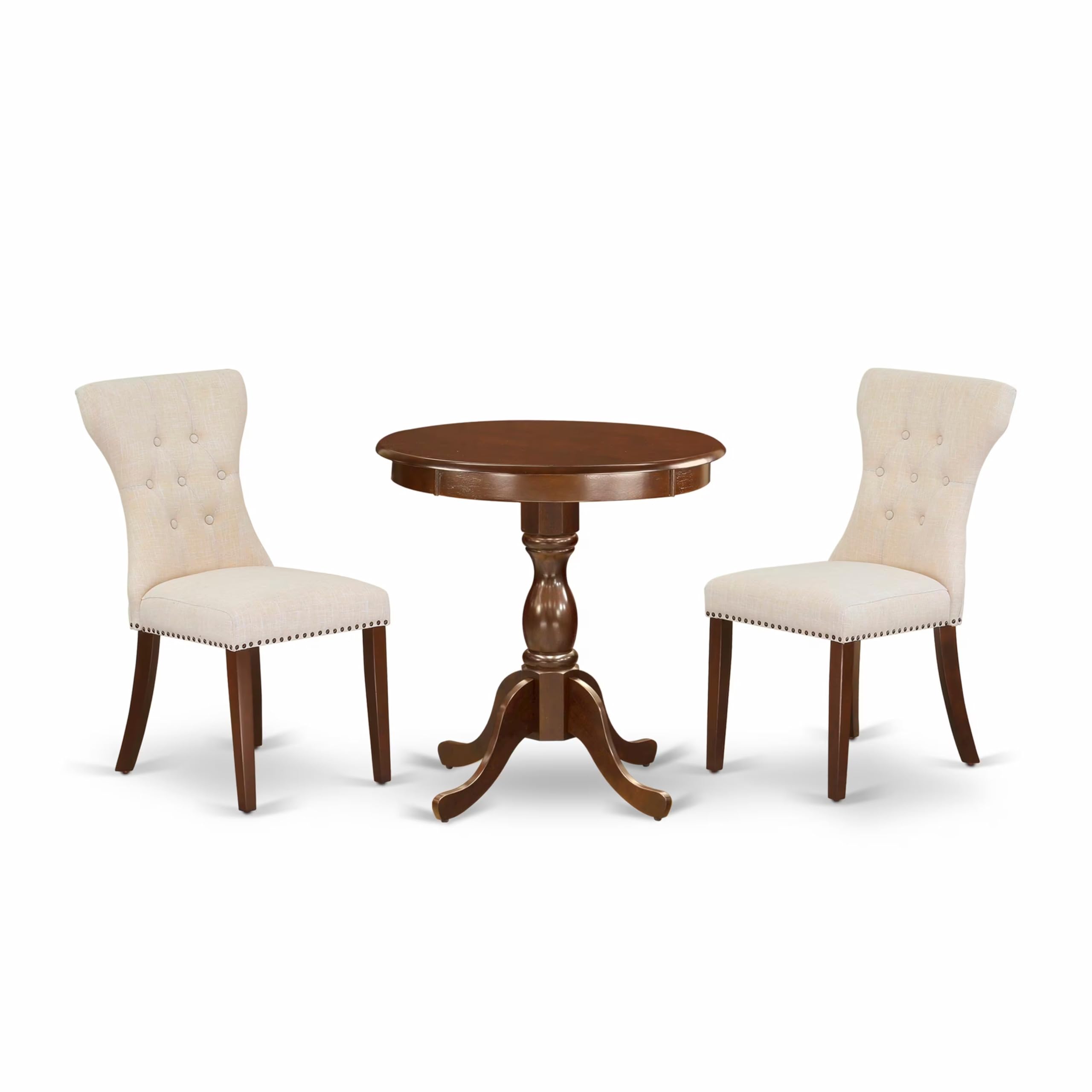 East West Furniture ESGA3-MAH-32 3 Piece Dining Table Set for Small Spaces Contains a Round Wooden Table with Pedestal and 2 Lig