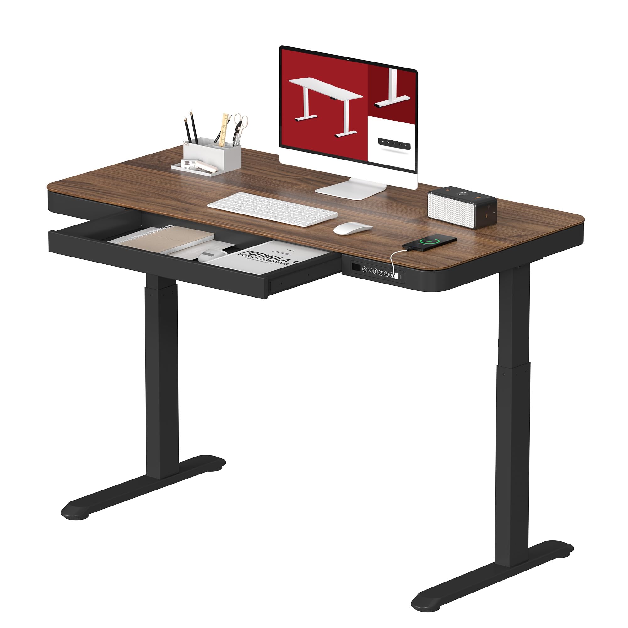Standing Desk with Drawer, Electric Height Adjustable Home Office Desk with Storage & USB Ports, 48 inch Black Walnut Wood Table