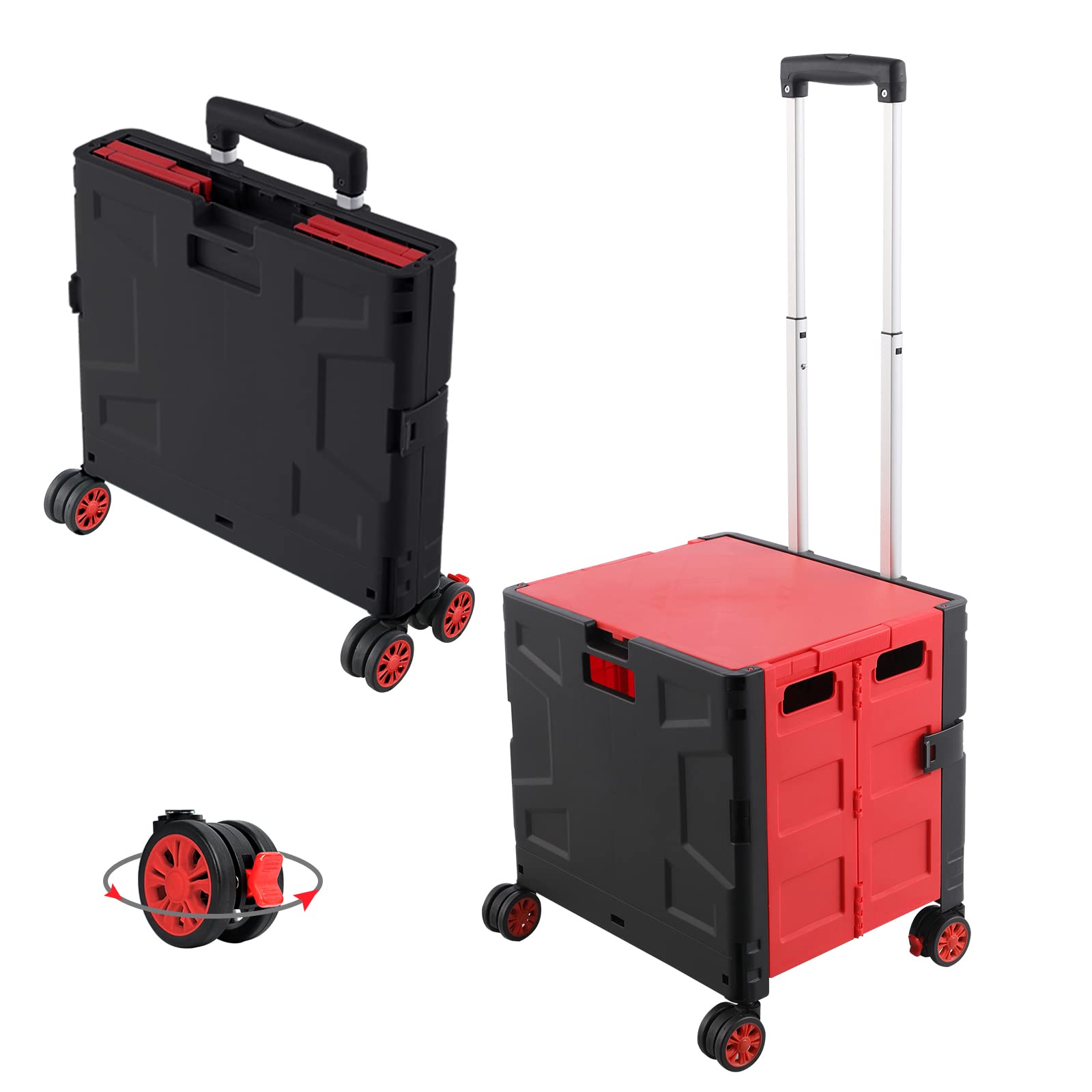 FELICON Folding Utility Cart Portable Rolling Crate Handcart with Durable Heavy Duty Plastic Telescoping Handle Collapsible Hidd