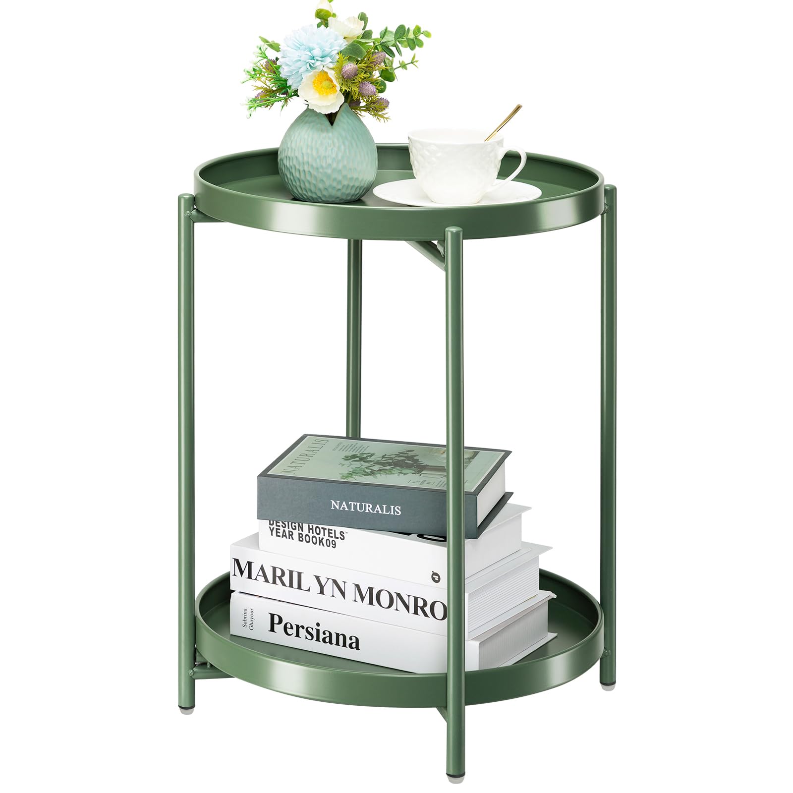danpinera 2 Tier Metal Side Table with Removable Tray, Folding End Table Outdoor Small Accent Table, Anti-Rust Green Nightstand 