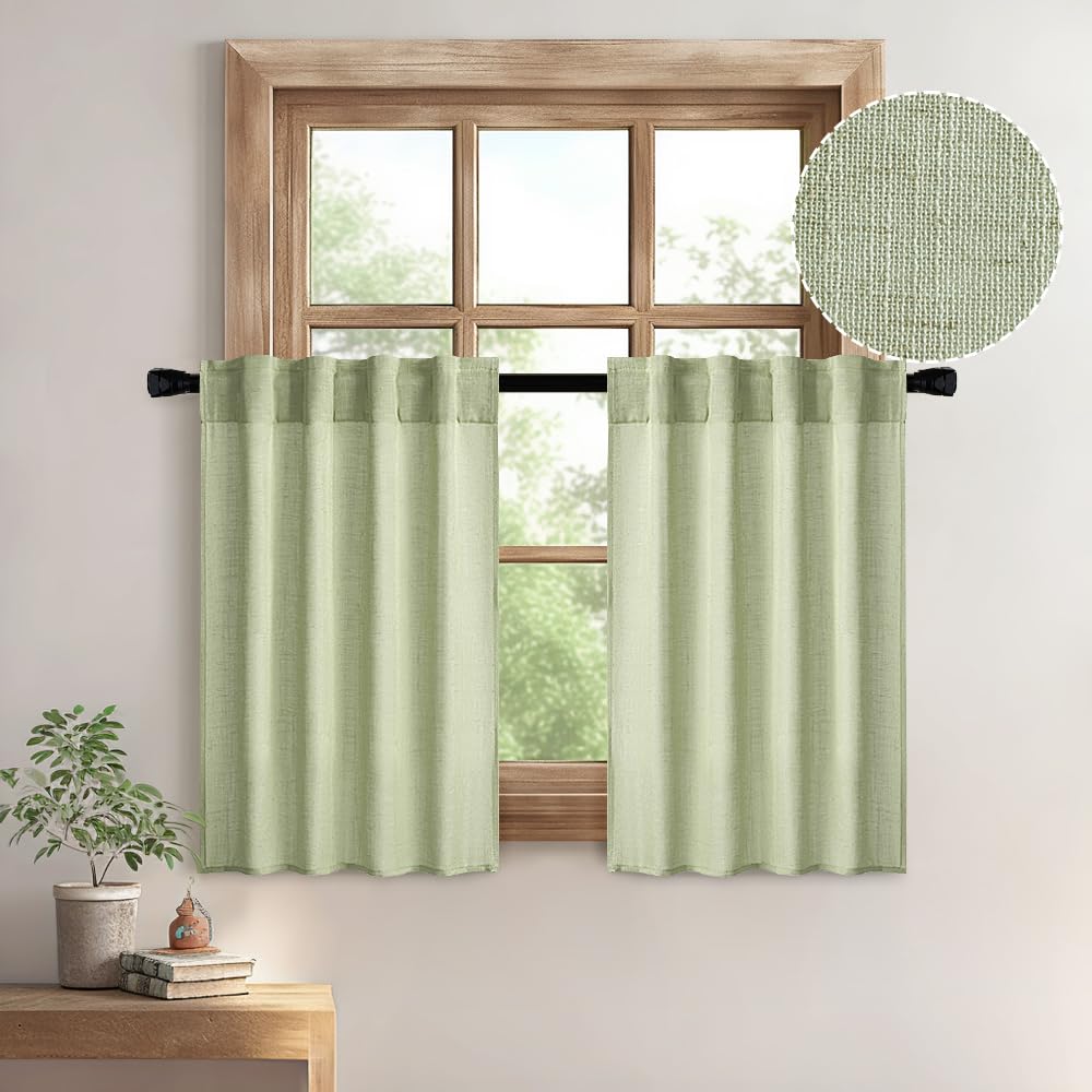 MIULEE Sage Green Kitchen Curtains 24 Inch Length 2 Panels, Soft Thick Linen Textured Semi Sheer Light Filtering Short Cafe Tier