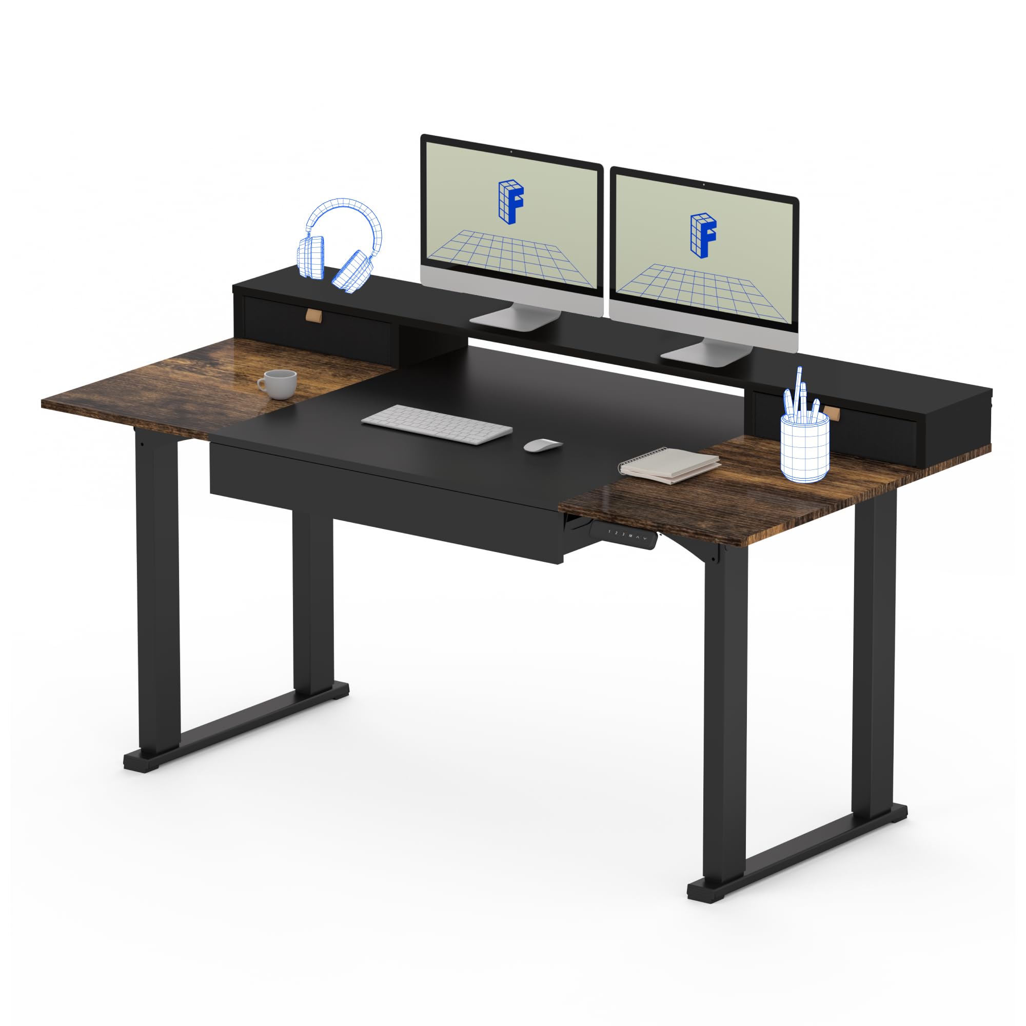 FLEXISPOT 63x32 in 4-Leg Standing Desk with Storage Electric Adjustable Height with 3 Drawers & Shelving Home Office Workstation