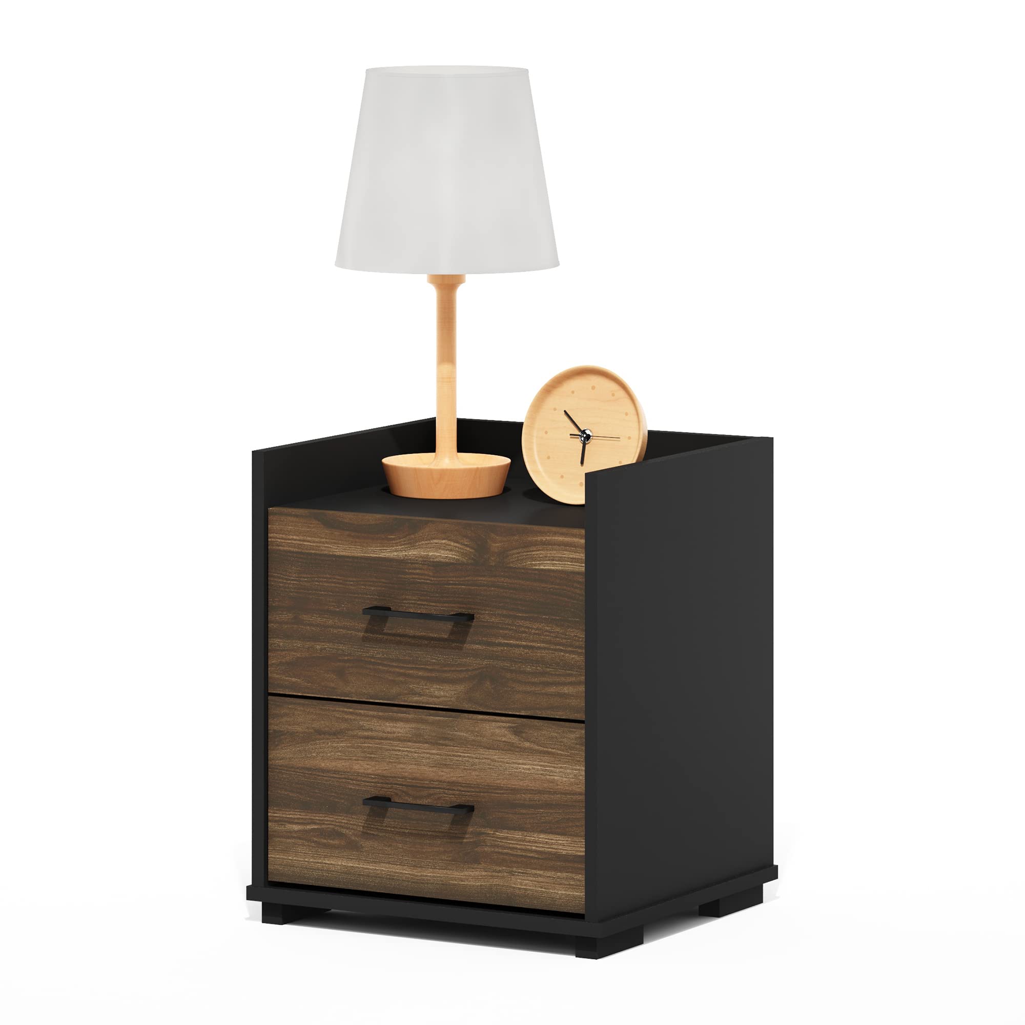 Furinno End Side Night Stand Modern Bedroom Bedside Tables Handle 2 Chest Nightstand, 1-Pack Drawer, Columbia Walnut/Black