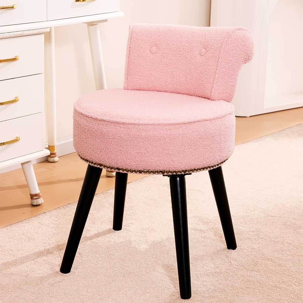 BLEXA Sherpa Vanity Chair with Back Small Makeup Chair with Wood Legs Sherpa Vanity Stool Tufted Accent Chairs with Low Back Mak