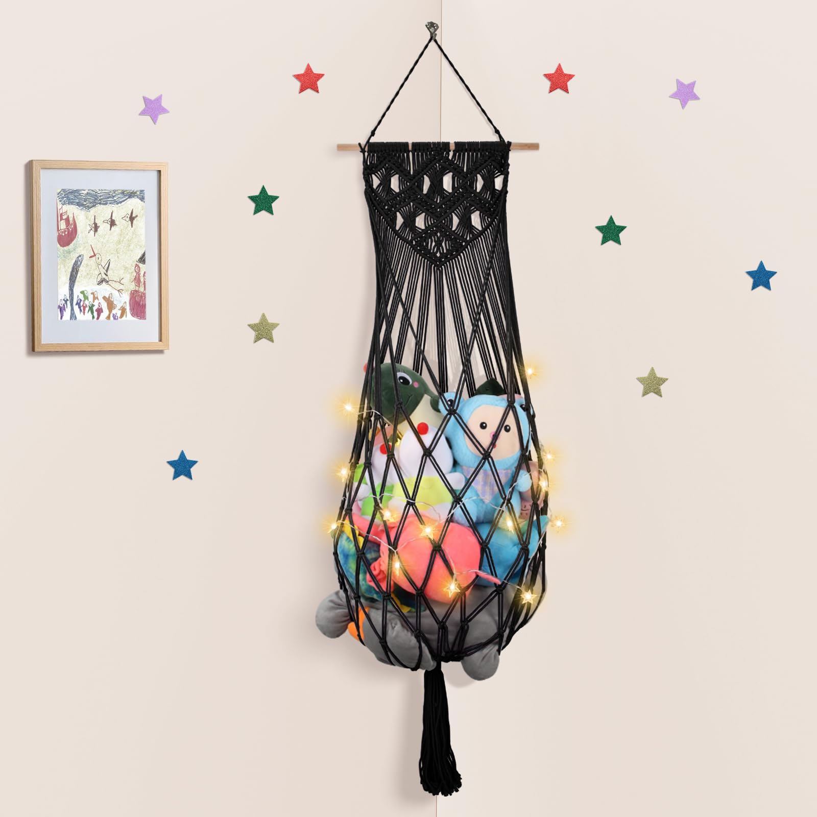 63 Jumbo Stuffed Animal Storage Hammock Corner, Boho Macrame Stuffy Hammock for Wall Ceiling Over Door Hanging Toy Hammock, Bl