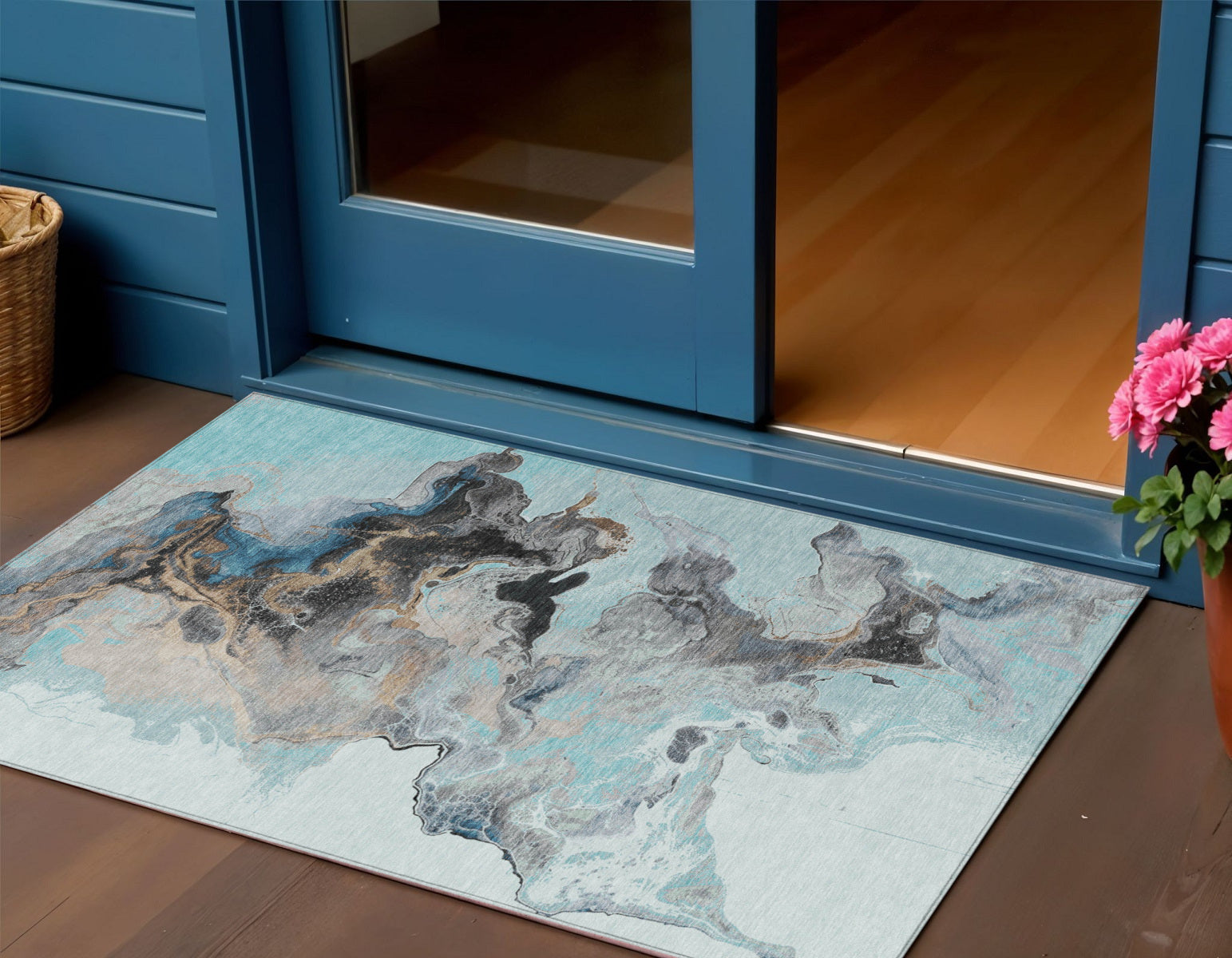 3 X 5 Teal Blue Gold And Gray Abstract Washable Indoor Outdoor Area Rug