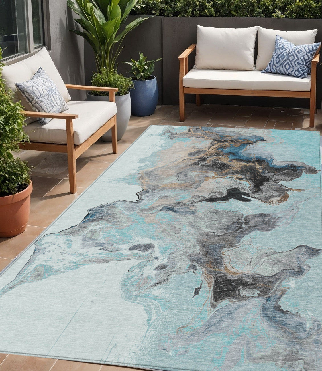 5 X 8 Teal Blue Gold And Gray Abstract Washable Indoor Outdoor Area Rug