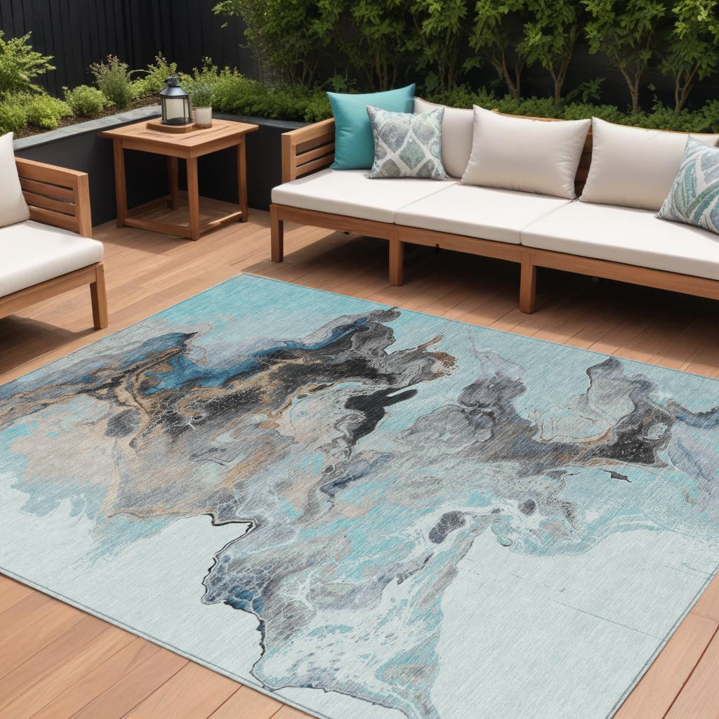 8 X 10 Teal Blue Gold And Gray Abstract Washable Indoor Outdoor Area Rug
