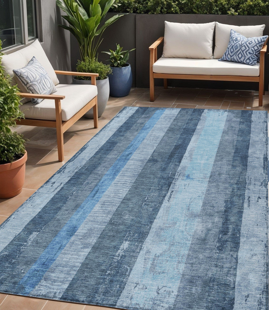5 X 8 Blue And Gray Striped Washable Indoor Outdoor Area Rug