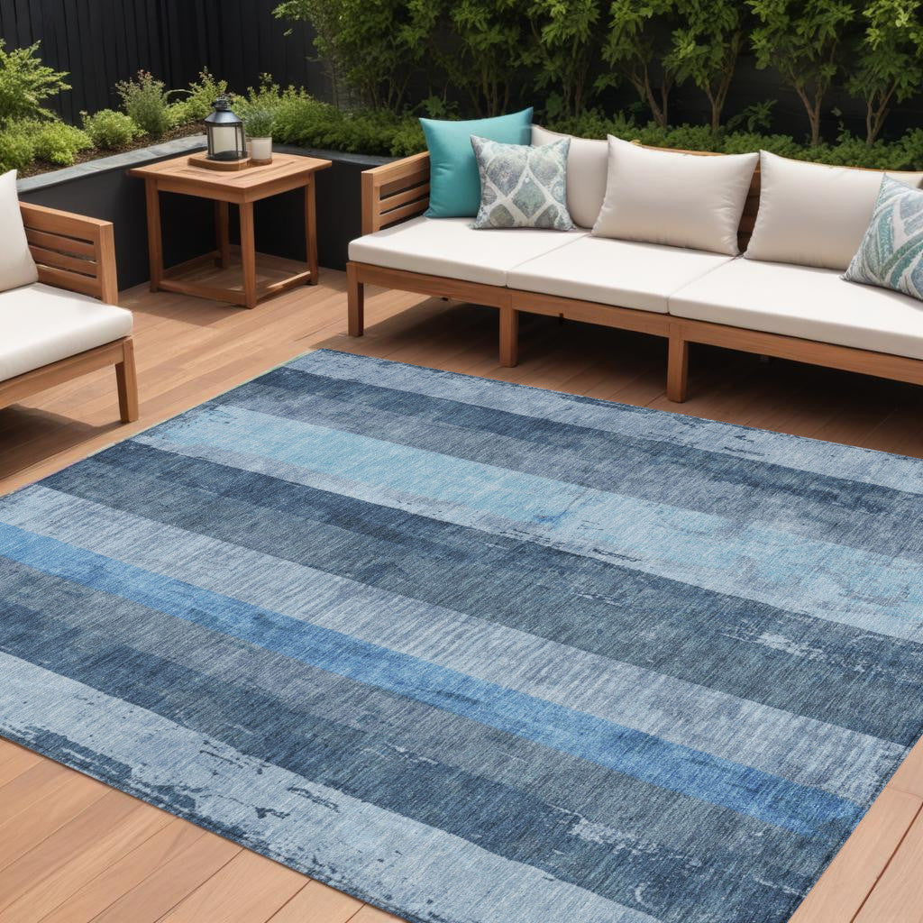 9 X 12 Blue And Gray Striped Washable Indoor Outdoor Area Rug