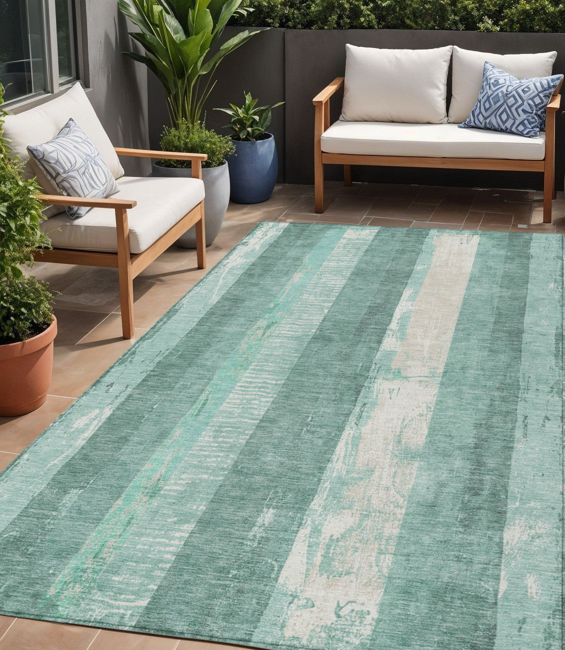 5 X 8 Pale Aqua And Teal Blue Striped Washable Indoor Outdoor Area Rug