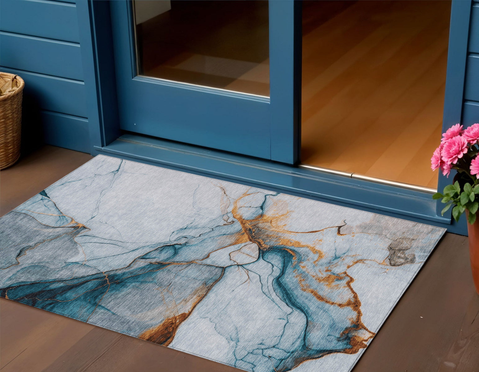3 X 5 Sky Blue And Copper Abstract Washable Indoor Outdoor Area Rug