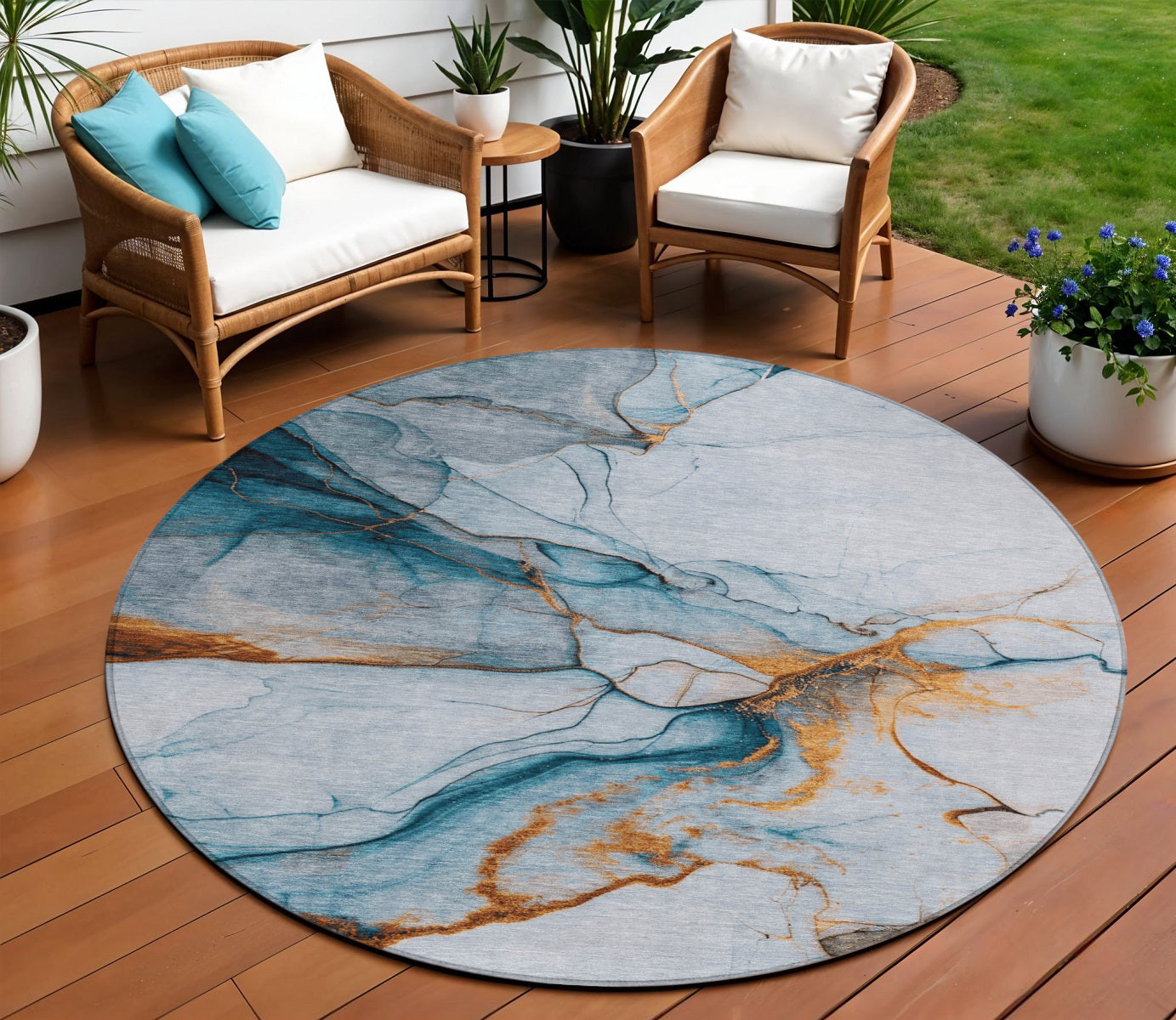 8 Sky Blue And Copper Round Abstract Washable Indoor Outdoor Area Rug