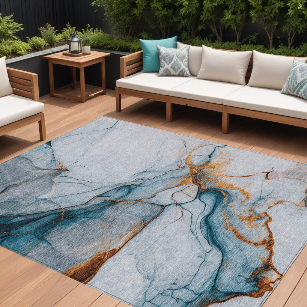8 X 10 Sky Blue And Copper Abstract Washable Indoor Outdoor Area Rug