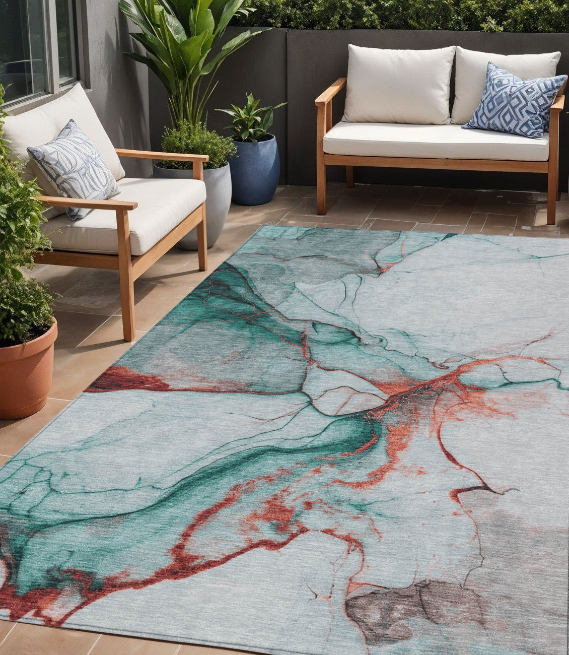 5 X 8 Teal Blue And Terra Cotta Abstract Washable Indoor Outdoor Area Rug