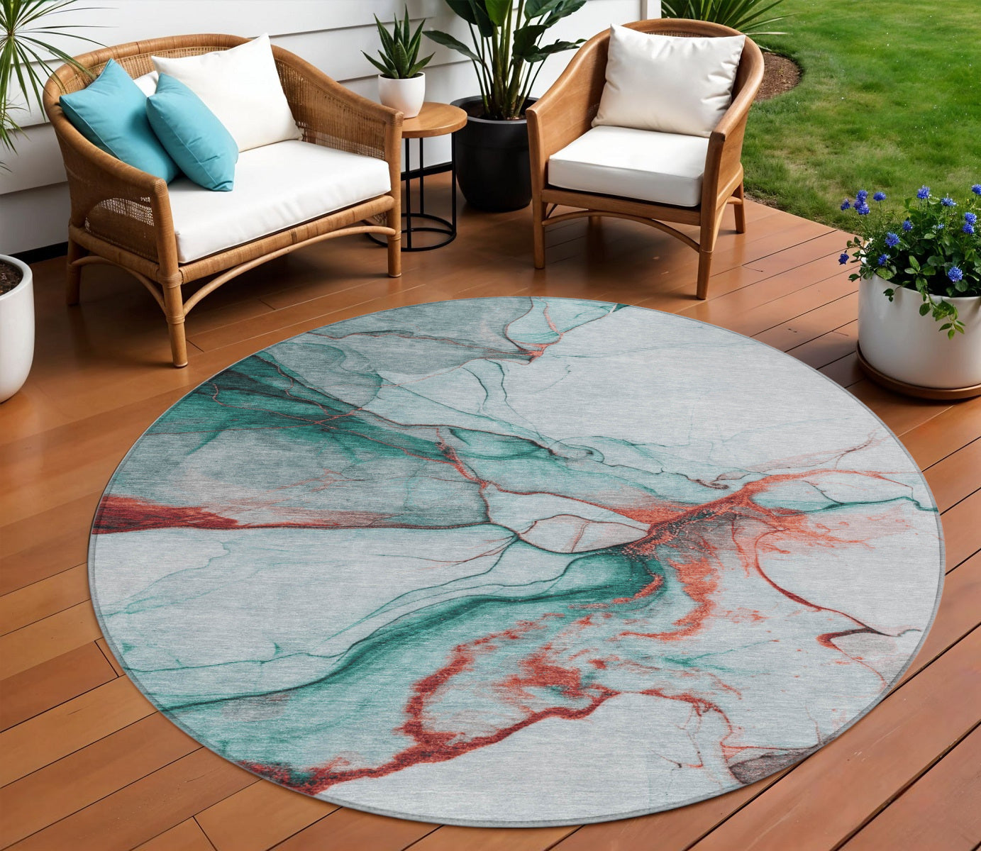 8 Teal Blue And Terra Cotta Round Abstract Washable Indoor Outdoor Area Rug