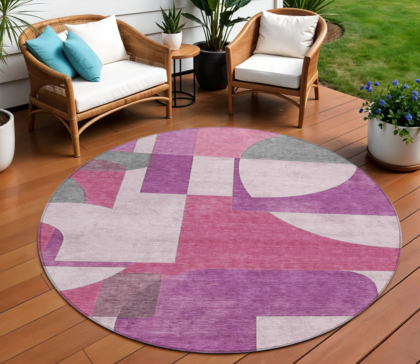 8 Blush And Mauve Round Geometric Washable Indoor Outdoor Area Rug