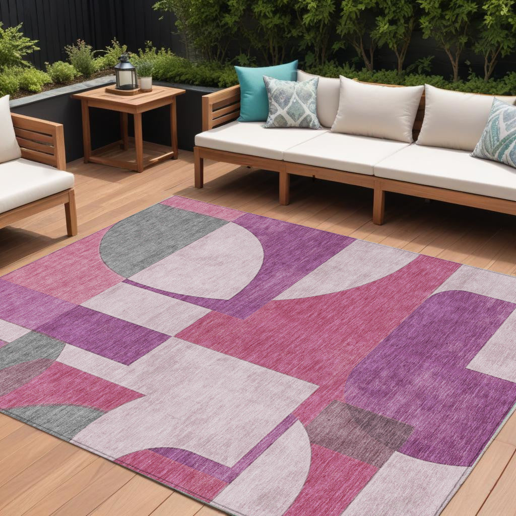 9 X 12 Blush And Mauve Geometric Washable Indoor Outdoor Area Rug