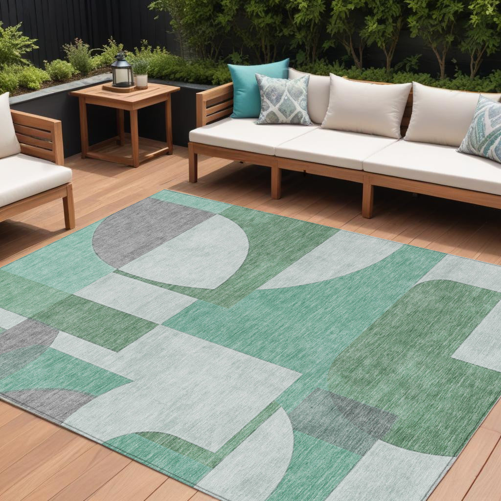 9 X 12 Green Sage And Gray Geometric Washable Indoor Outdoor Area Rug