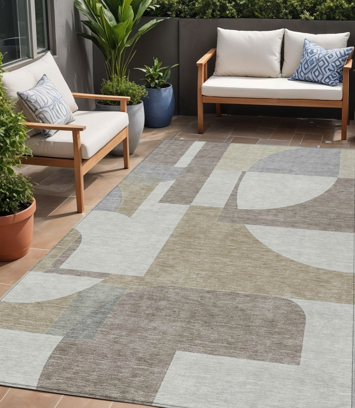 5 X 8 Khaki And Silver Geometric Washable Indoor Outdoor Area Rug