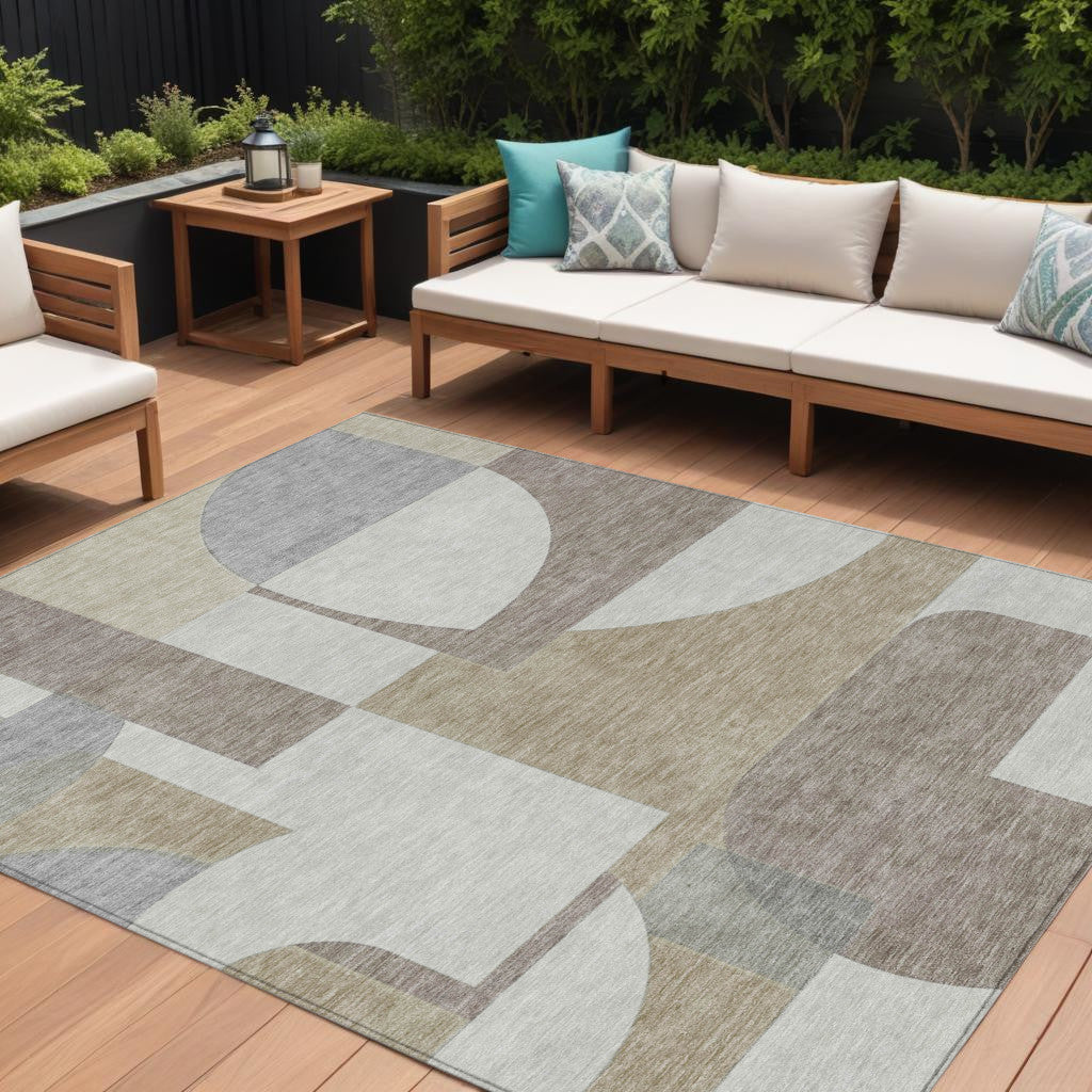 8 X 10 Khaki And Silver Geometric Washable Indoor Outdoor Area Rug