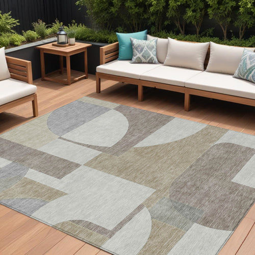 10 X 14 Khaki And Silver Geometric Washable Indoor Outdoor Area Rug