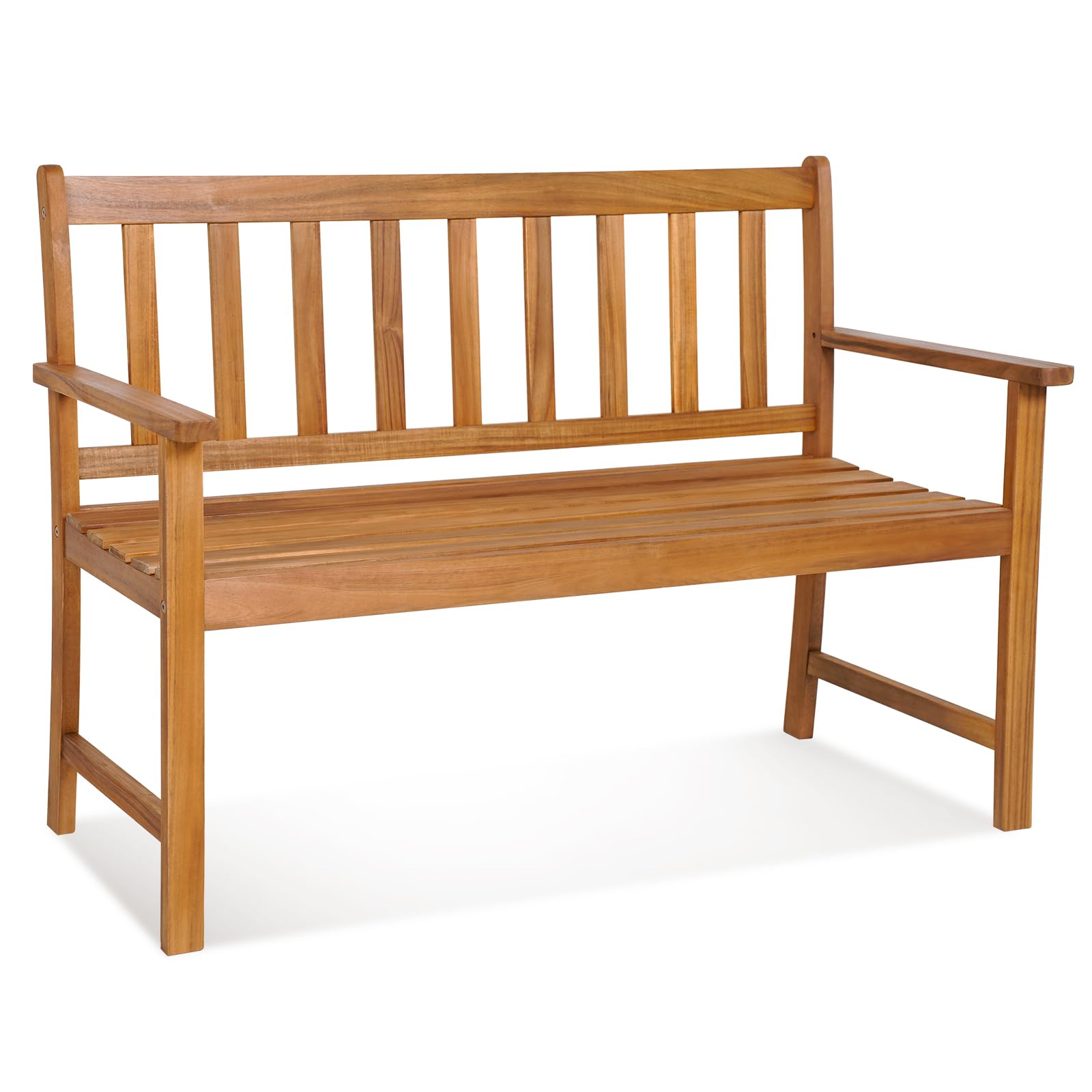 Tangkula Outdoor Acacia Wood Bench, 2-Person Garden Bench with Backrest and Armrests, Garden Bench with Slatted Seat for Porch, 