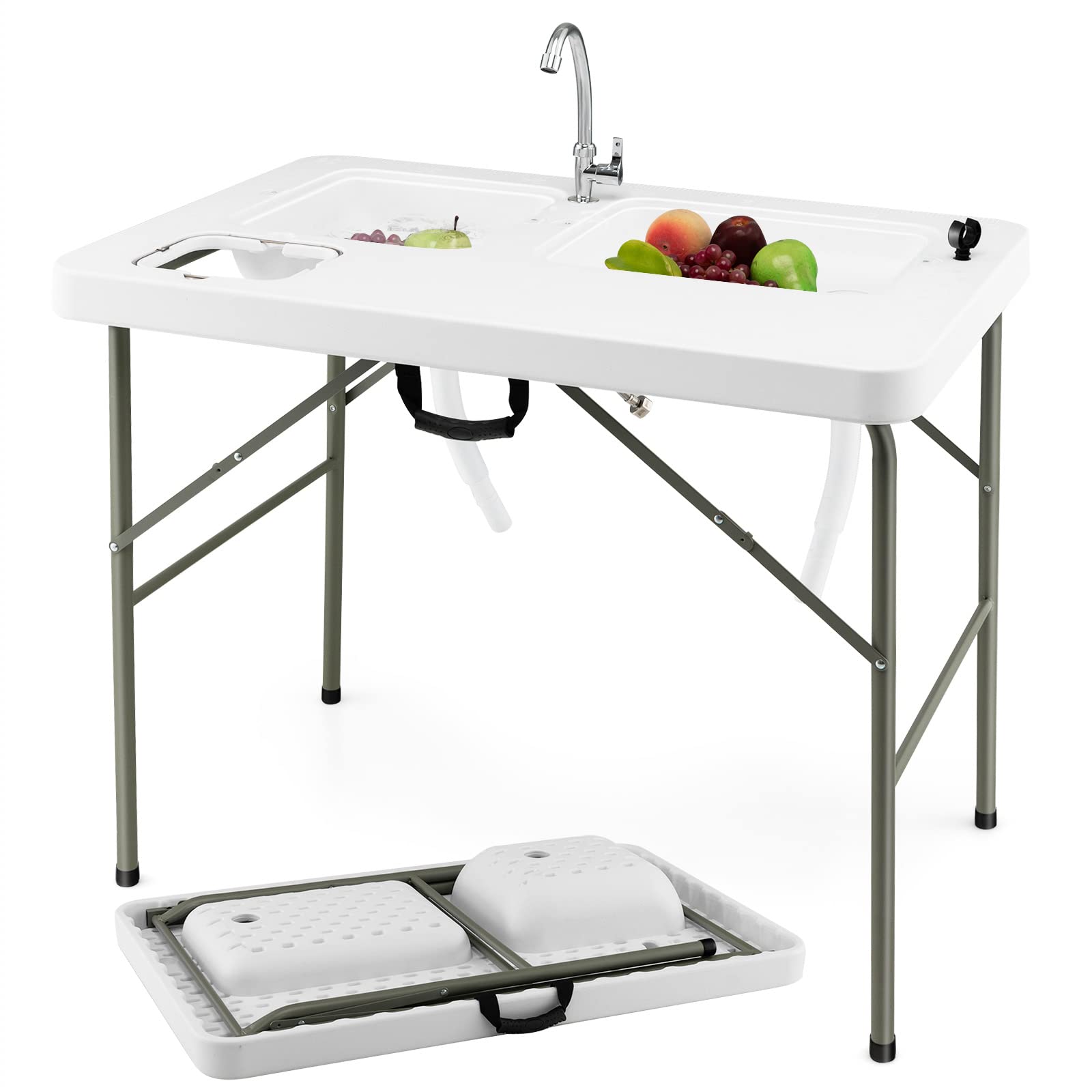 Goplus Folding Fish Cleaning Table with Dual Water Basins, Heavy Duty Fillet Table with Hose Hook Up, Sink and Faucet, Portable 