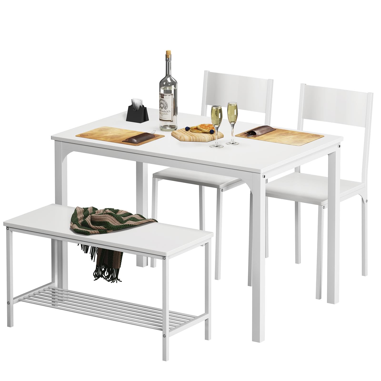 soges 4 Person Dining Table Set,43.3 inch Kitchen Table Set for 4,2 Chairs with Backrest,2-Person Bench with Storage, White Rack