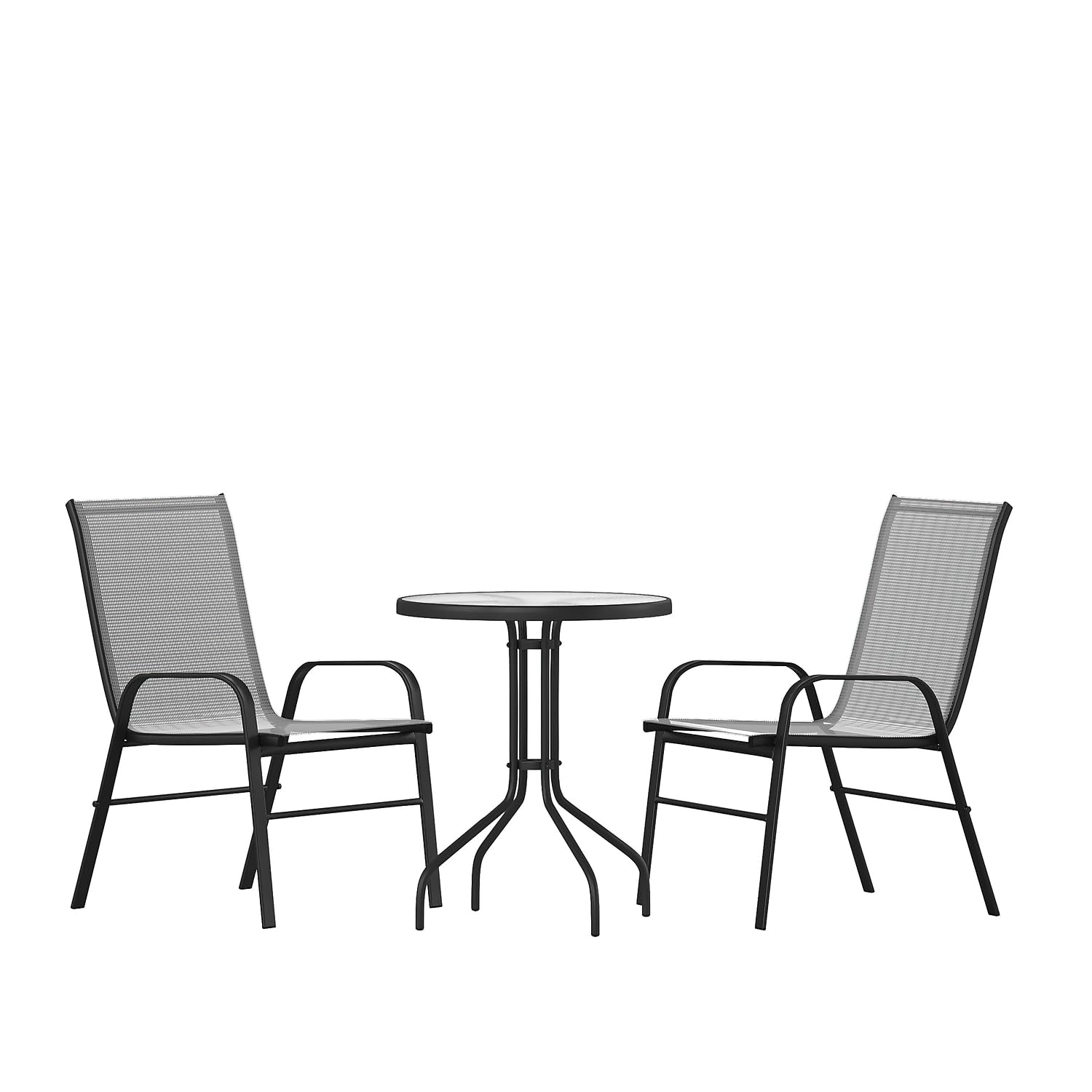 Flash Furniture Brazos 3 Piece Outdoor Patio Dining Set - 2 Gray Flex Comfort Stack Chairs - 23.75 Round Tempered Glass Patio Ta