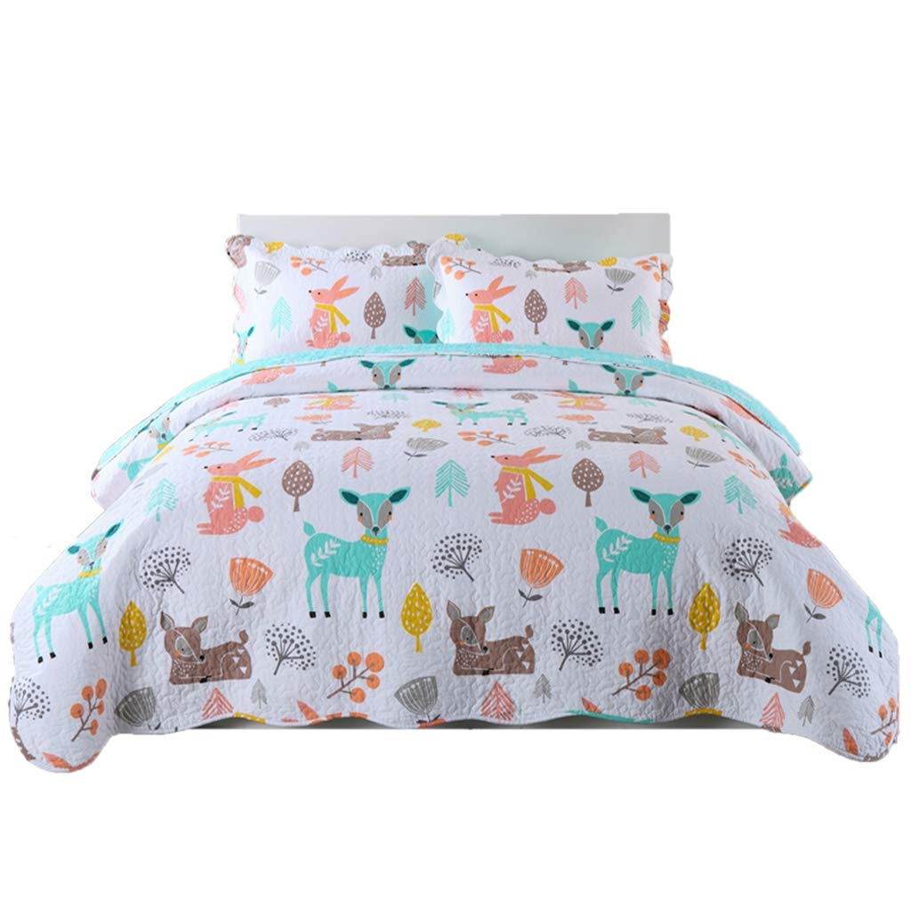 100% Cotton 2 Piece Kids Quilt Bedspread Comforter Set Throw Blanket for Teens Boys Girls Kids Beds Bedding Coverlet Teal Blue F