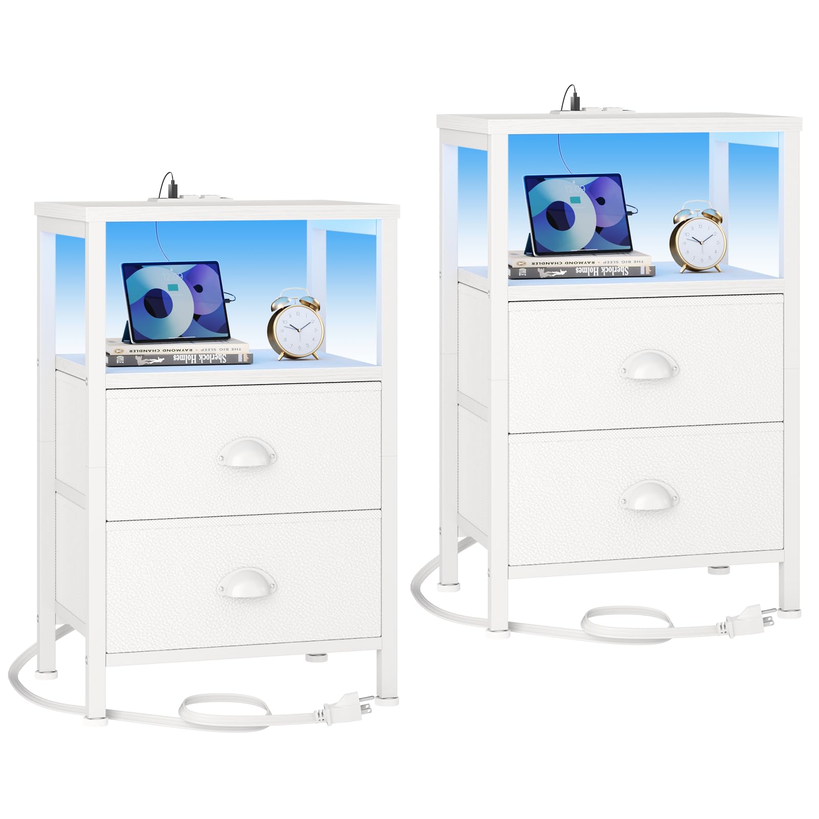Furologee Nightstands Set of 2, End Tables Set of 2 with Charging Station and LED Lights, White Night Stands with 2 Fabric Drawe