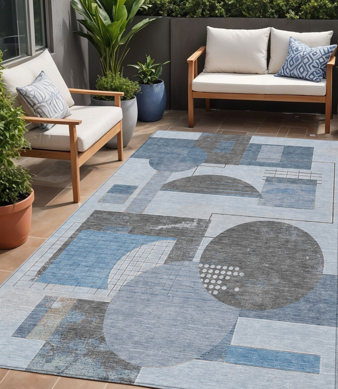 5 X 8 Blue And Gray Geometric Washable Indoor Outdoor Area Rug