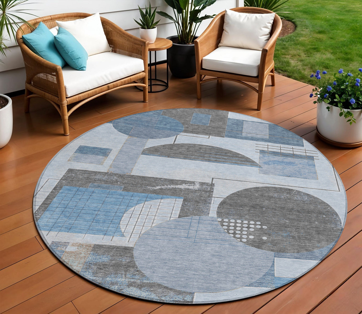 8 Blue And Gray Round Geometric Washable Indoor Outdoor Area Rug