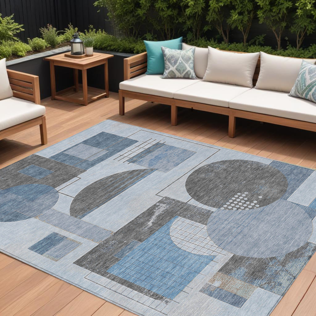 9 X 12 Blue And Gray Geometric Washable Indoor Outdoor Area Rug