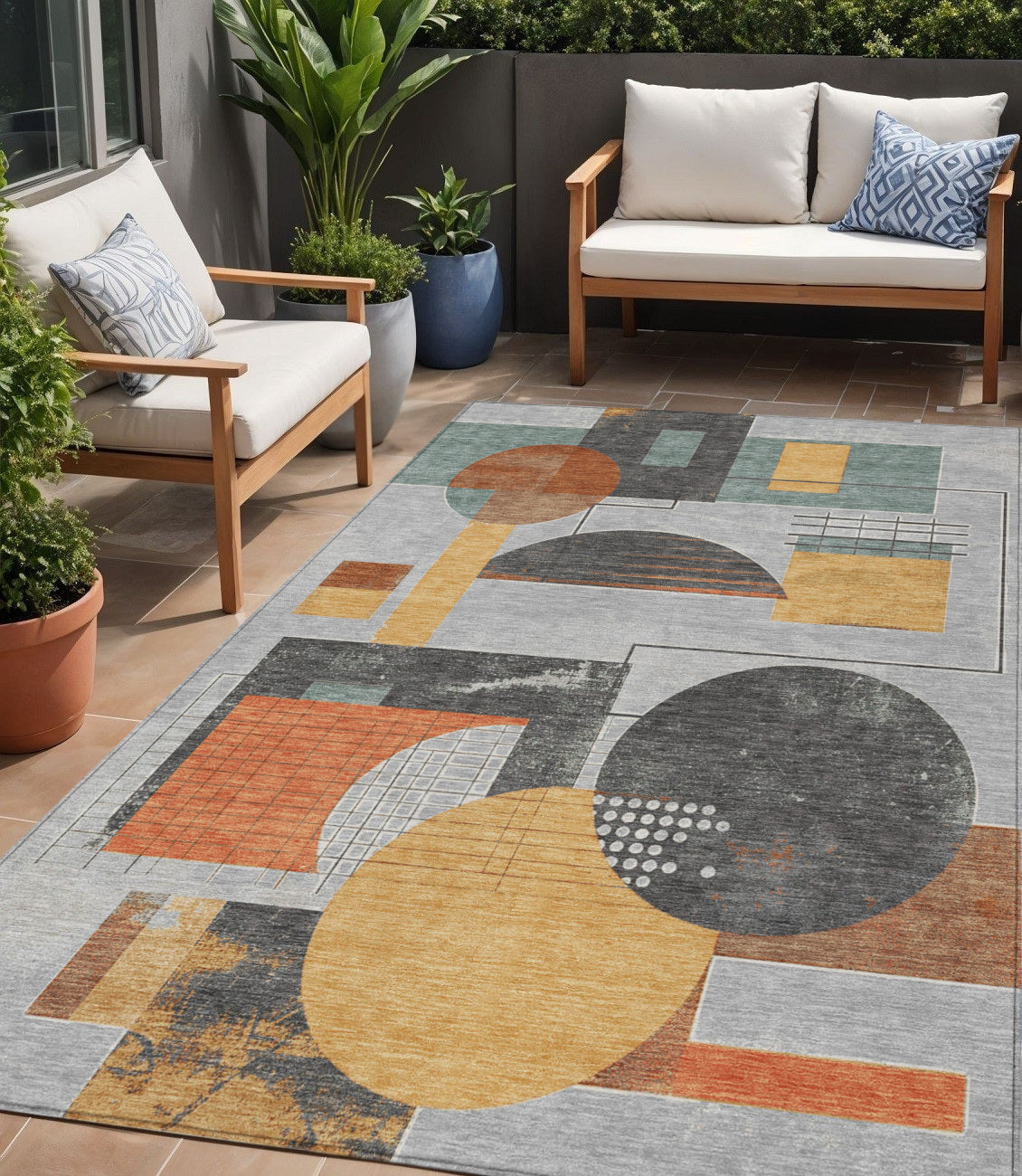 5 X 8 Gray Gold And Orange Geometric Washable Indoor Outdoor Area Rug