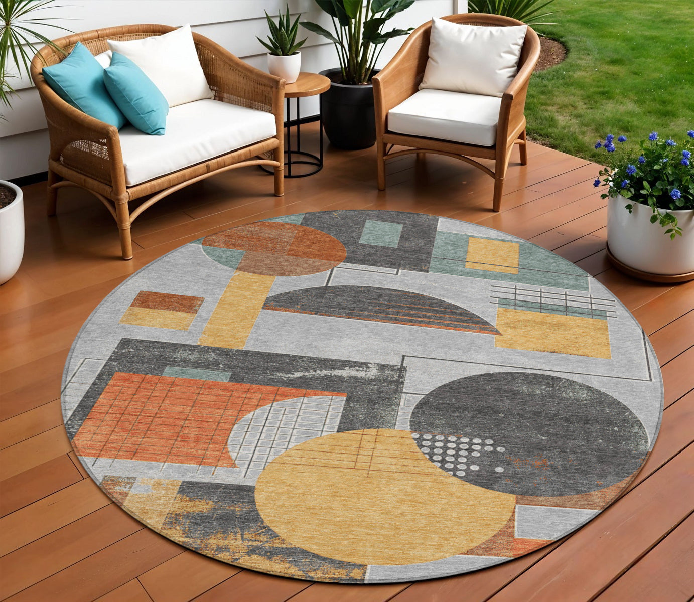 8 Gray Gold And Orange Round Geometric Washable Indoor Outdoor Area Rug