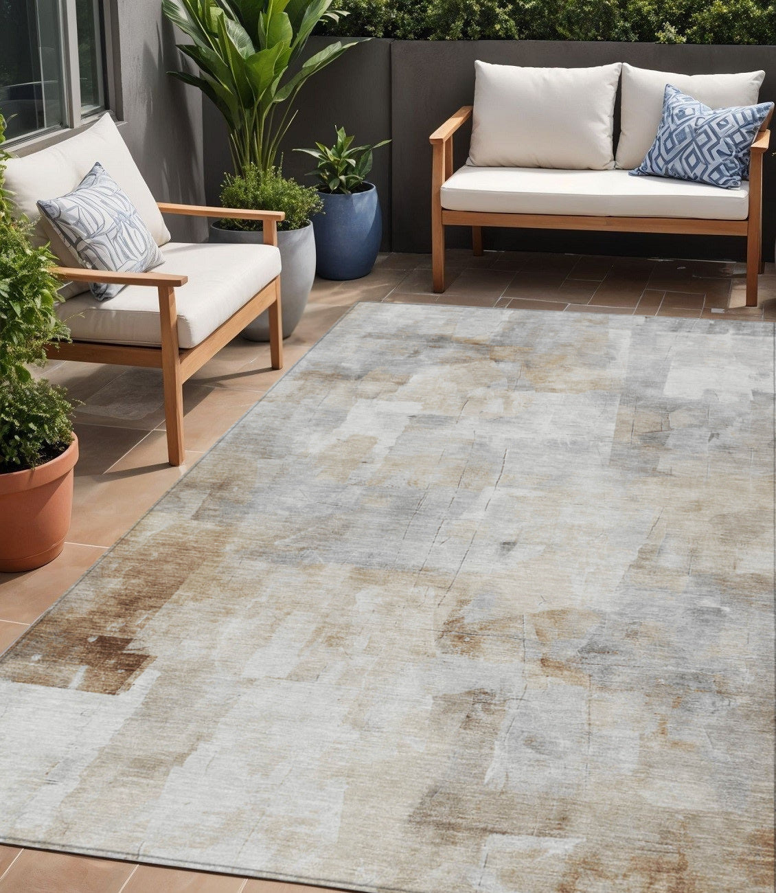 5 X 8 Beige Gray And Khaki Abstract Washable Indoor Outdoor Area Rug