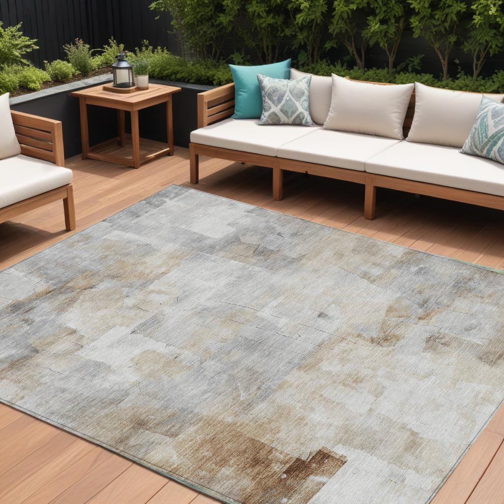 10 X 14 Beige Gray And Khaki Abstract Washable Indoor Outdoor Area Rug
