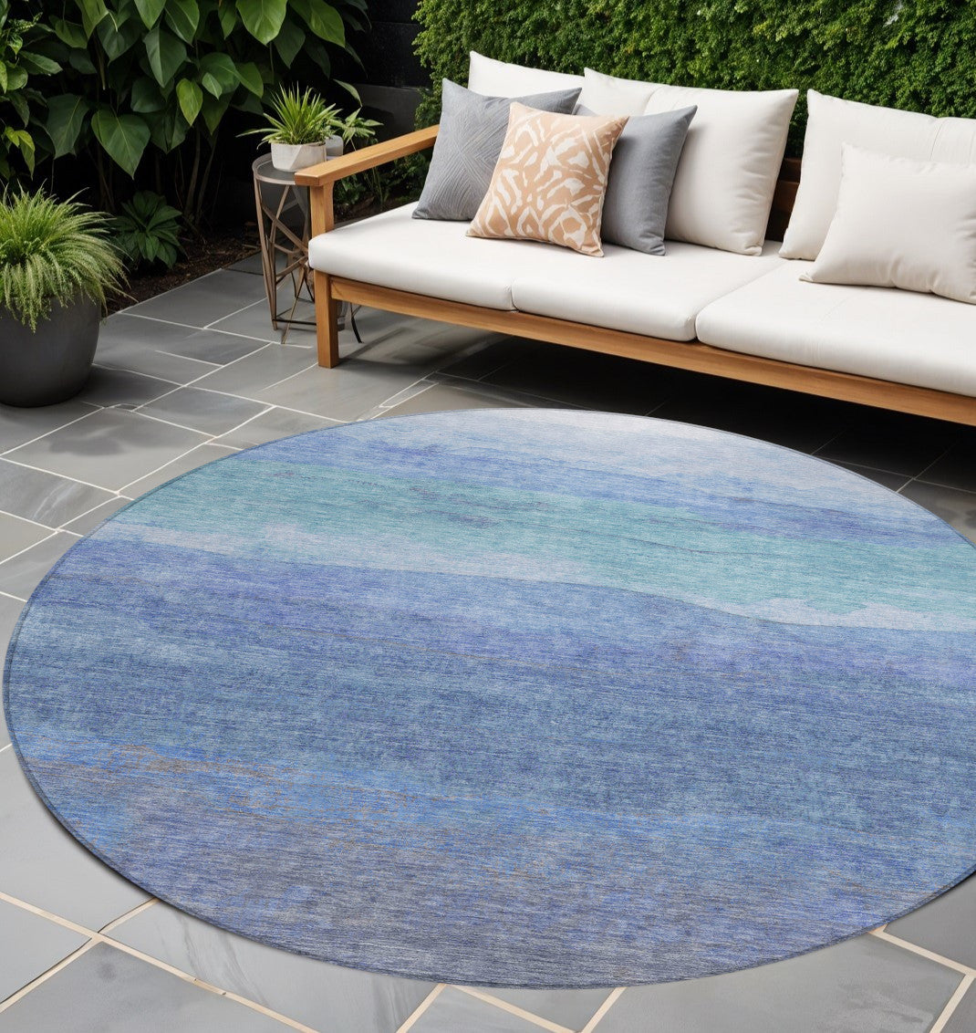8 Blue Teal Blue And Sky Blue Round Abstract Washable Indoor Outdoor Area Rug