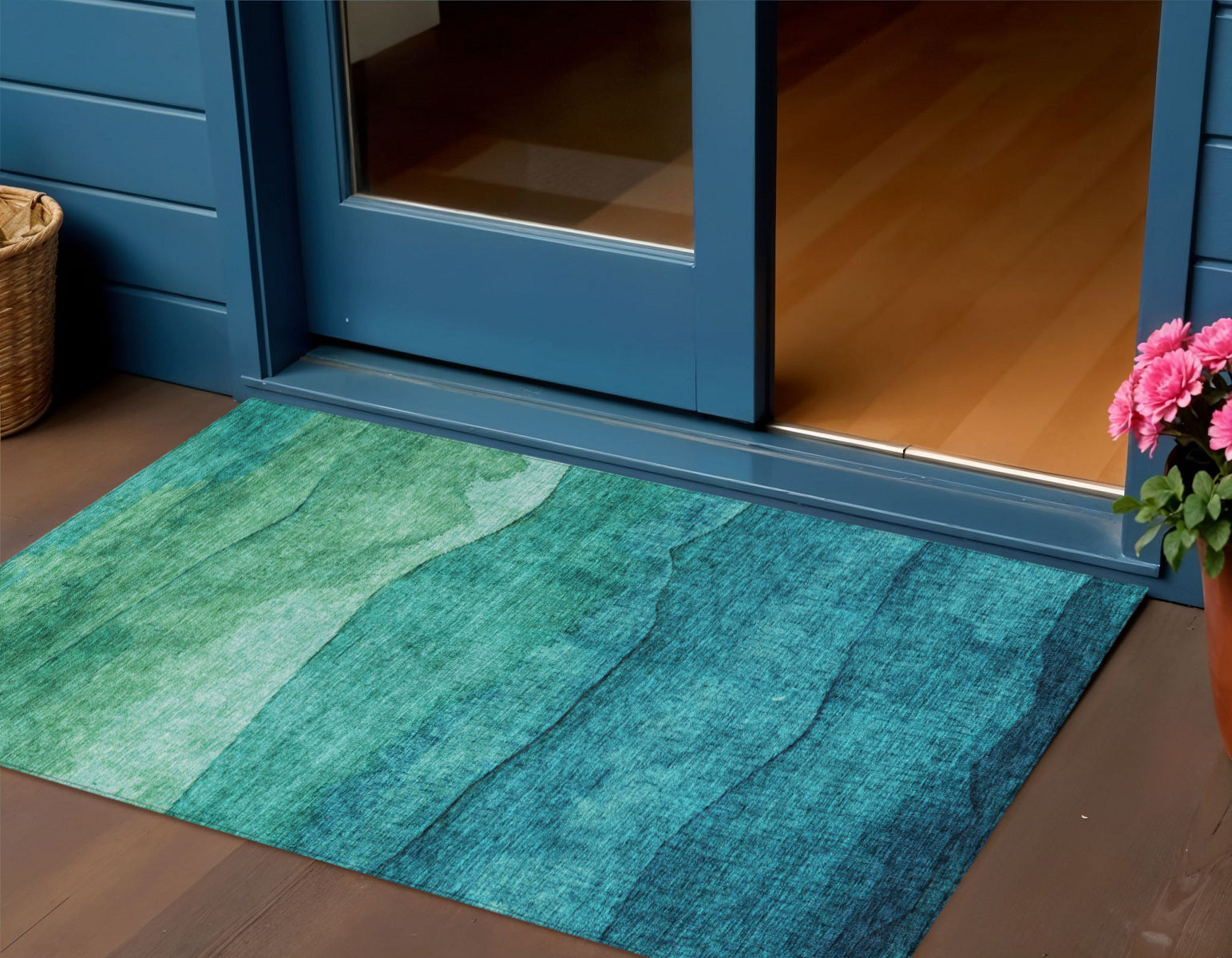 3 X 5 Teal Blue And Green Abstract Washable Indoor Outdoor Area Rug