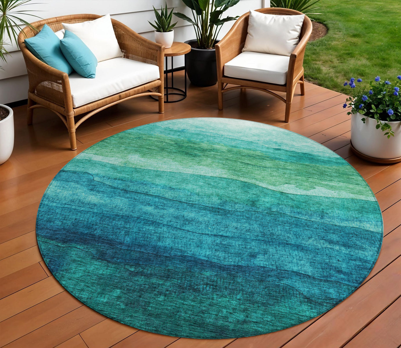 8 Teal Blue And Green Round Abstract Washable Indoor Outdoor Area Rug