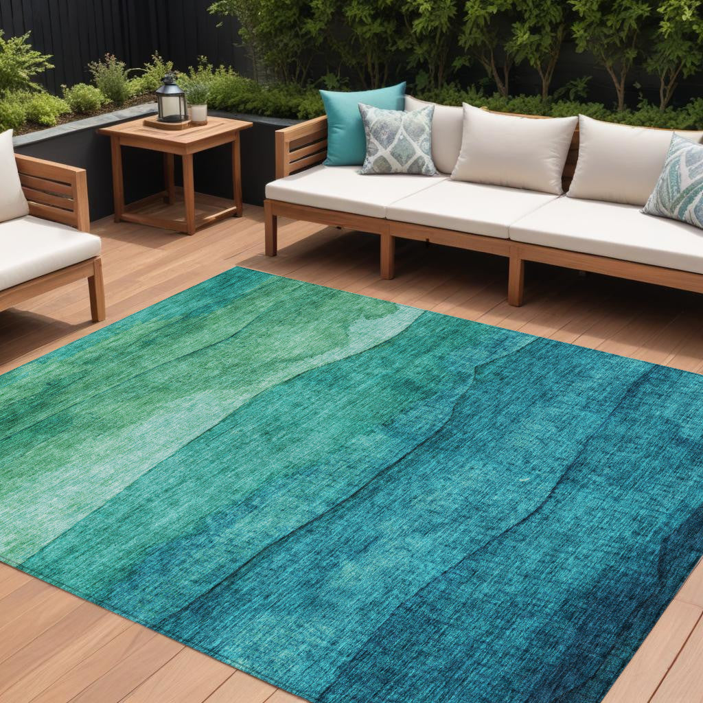 9 X 12 Teal Blue And Green Abstract Washable Indoor Outdoor Area Rug