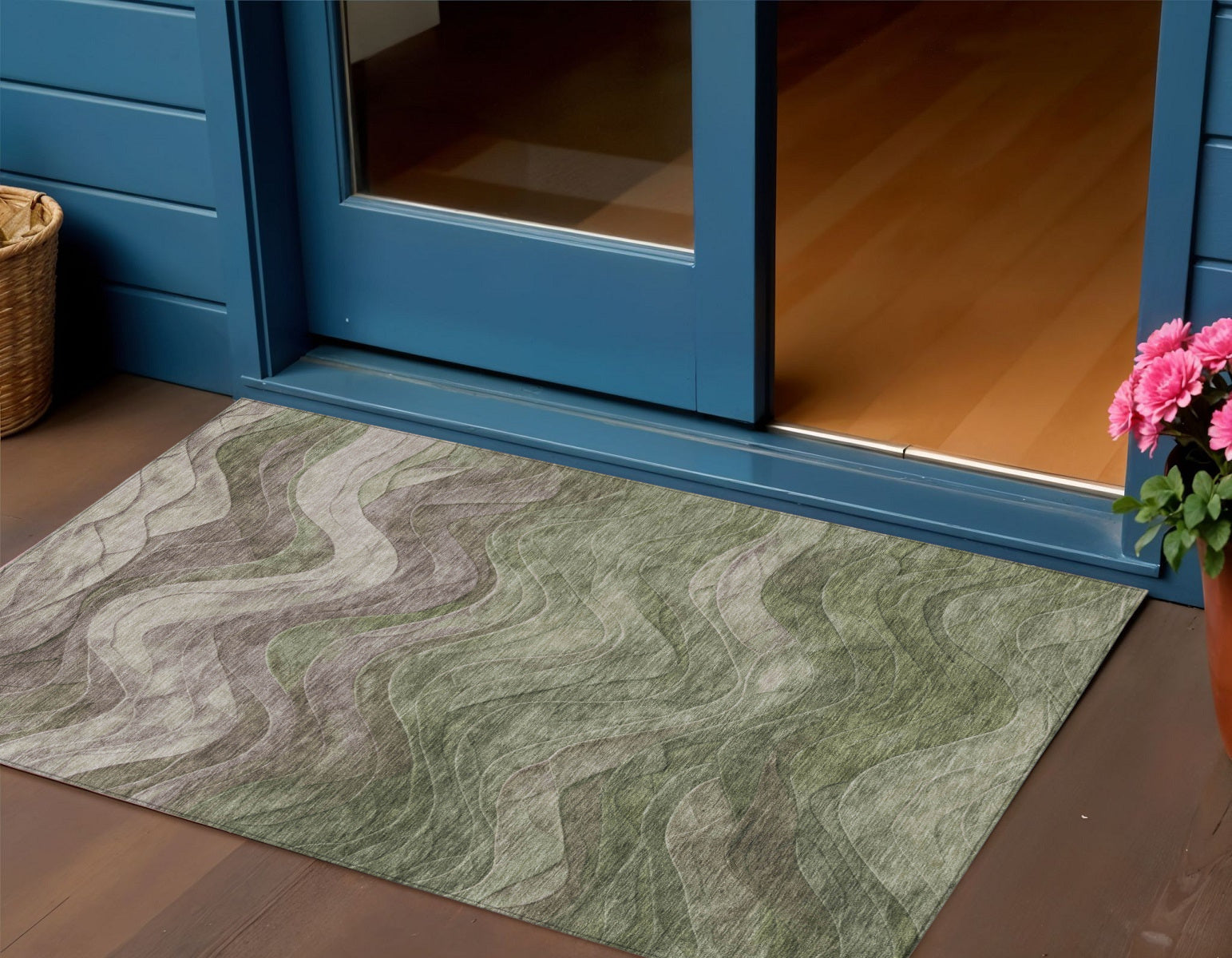 3 X 5 Green And Taupe Abstract Washable Indoor Outdoor Area Rug