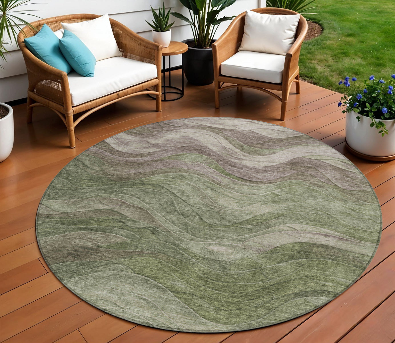8 Green And Taupe Round Abstract Washable Indoor Outdoor Area Rug