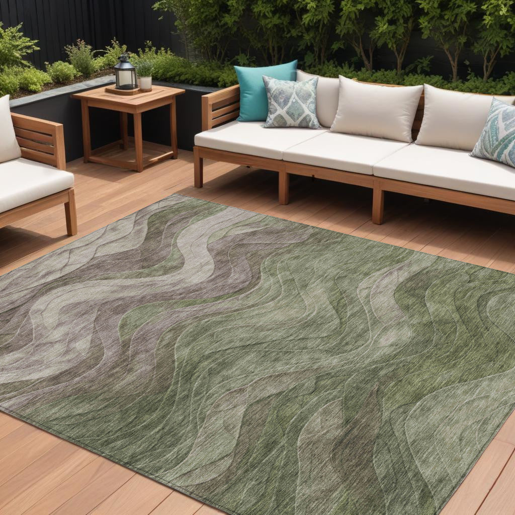 8 X 10 Green And Taupe Abstract Washable Indoor Outdoor Area Rug