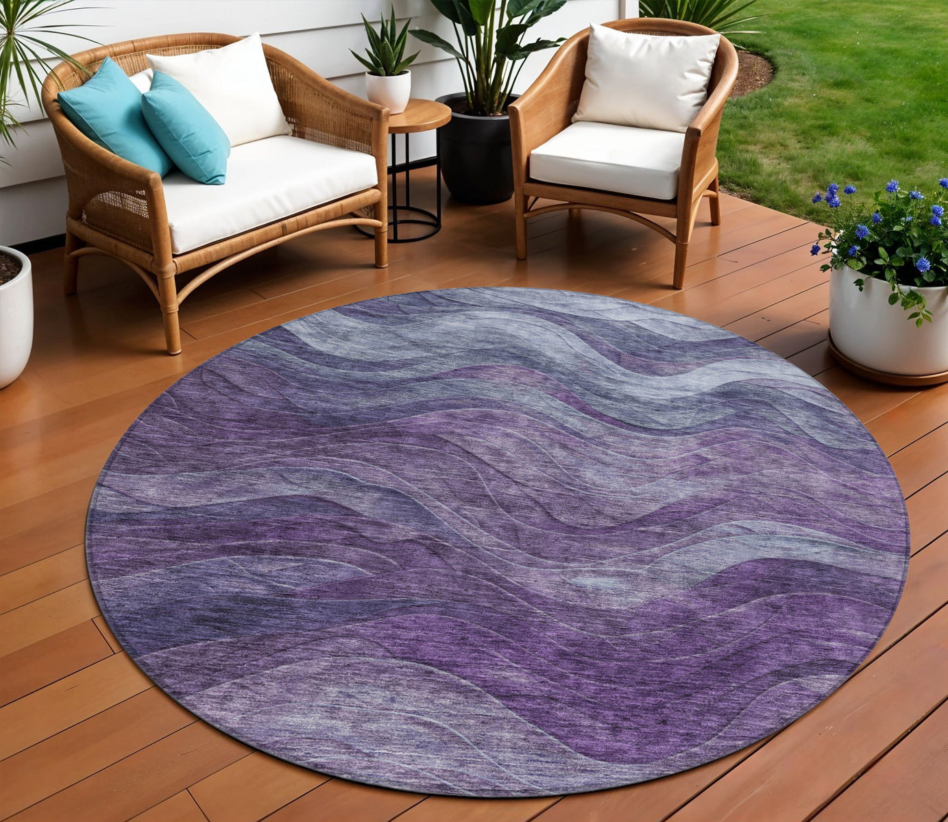 8 Purple And Gray Round Abstract Washable Indoor Outdoor Area Rug