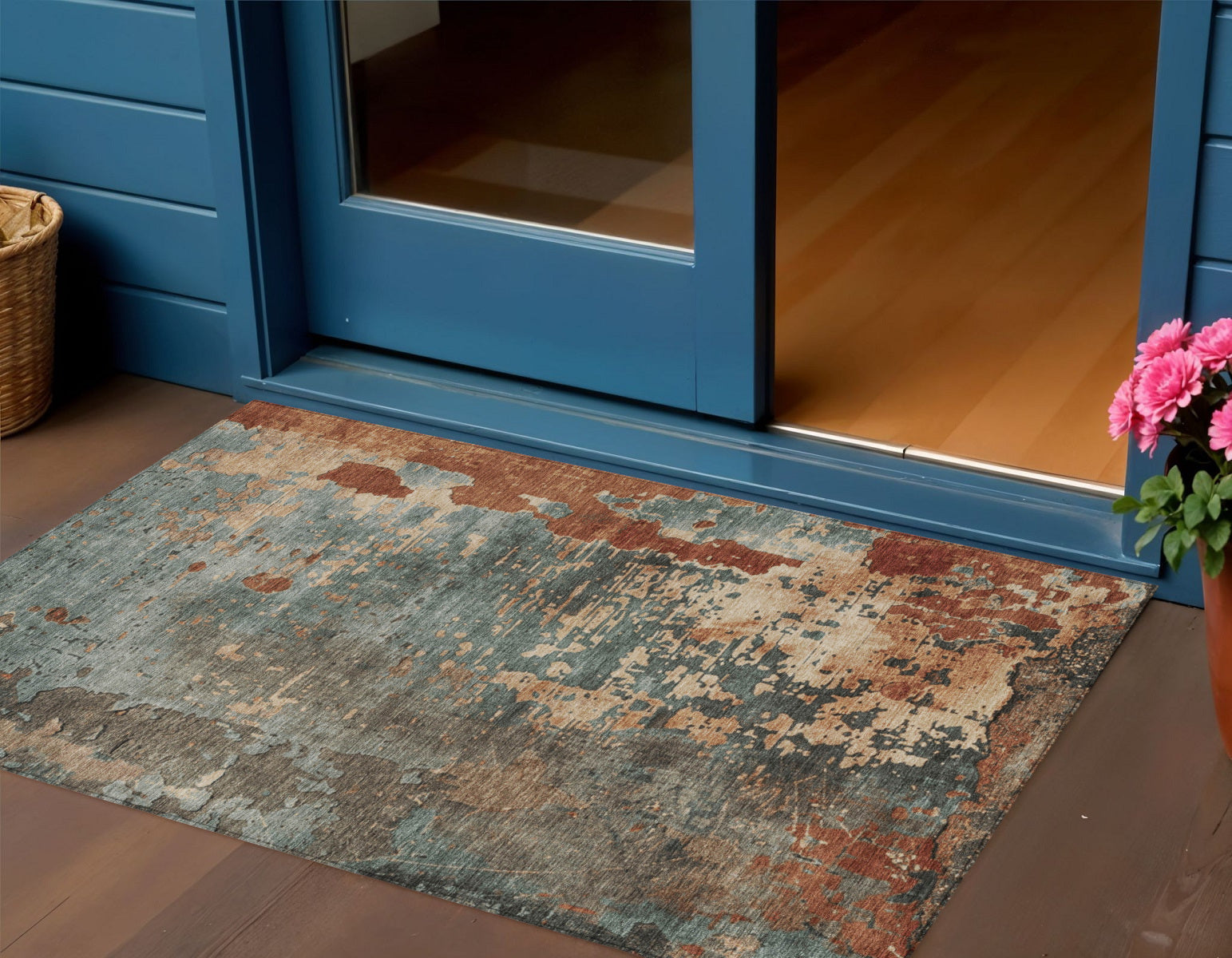 3 X 5 Pale Aqua Copper And Beige Abstract Washable Indoor Outdoor Area Rug