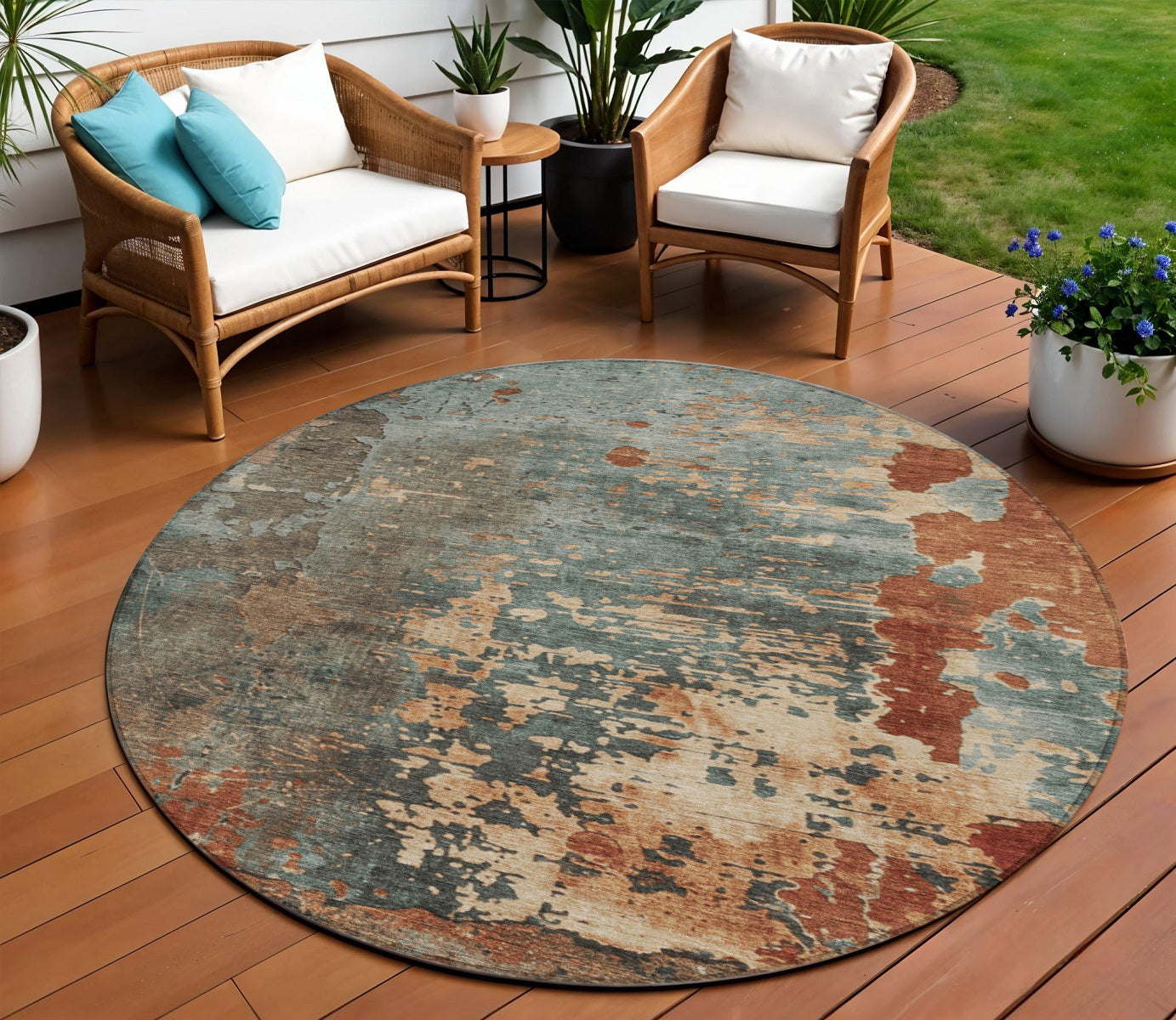 8 Pale Aqua Copper And Beige Round Abstract Washable Indoor Outdoor Area Rug