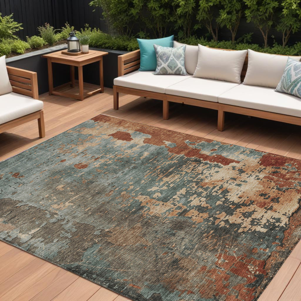 10 X 14 Pale Aqua Copper And Beige Abstract Washable Indoor Outdoor Area Rug